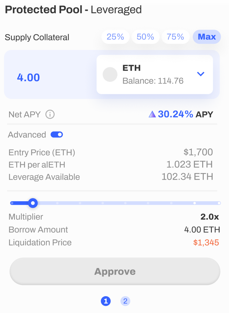 Above is a draft of the leverage deposit UI. The numbers and metrics in this image are not real and for demonstration purposes only. 