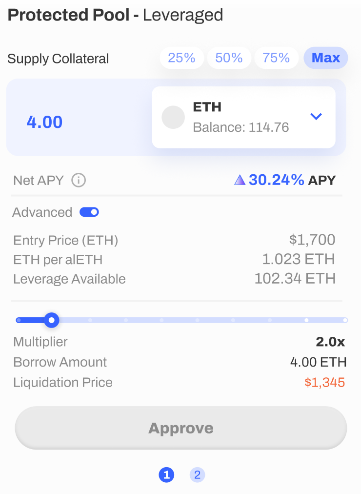 Above is a draft of the leverage deposit UI. The numbers and metrics in this image are not real and for demonstration purposes only. 