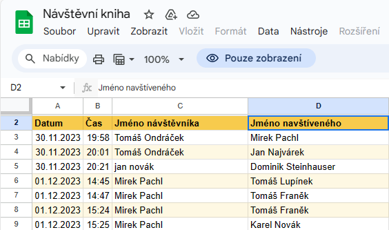 Příklad nastavení knihy návštěv v Google Sheets.