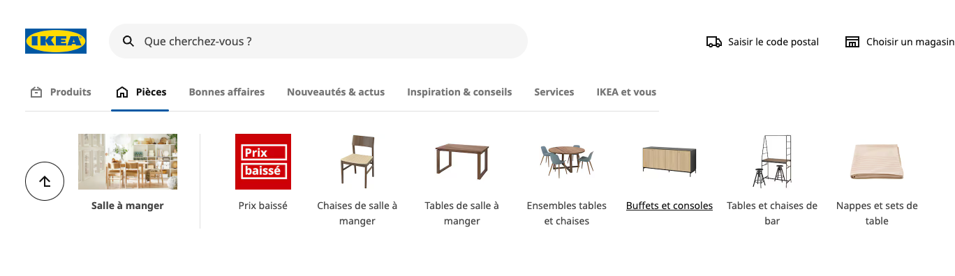 Ikea propose une navigation intuitive et simple avec un système par pièce de la maison (ex: salle.à manger), puis par type de meuble (ex: table) et enfin par sous-type (ex: table ronde). Il est donc très facile de trouver ce qu’on cherche.