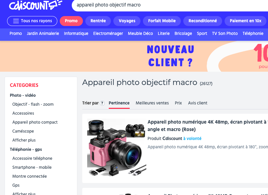 Par défaut, Cdiscount propose un tri par pertinence en fonction de la requête.