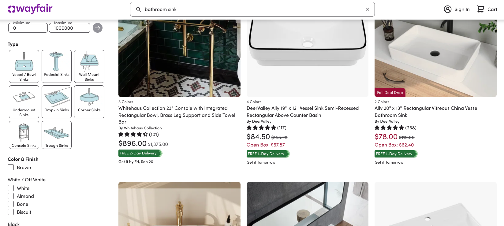 Wayfair propose ici un filtre visuel pour illustrer les différents types d’éviers. Très pratique pour ceux qui ne connaissent pas le jargon du métier.