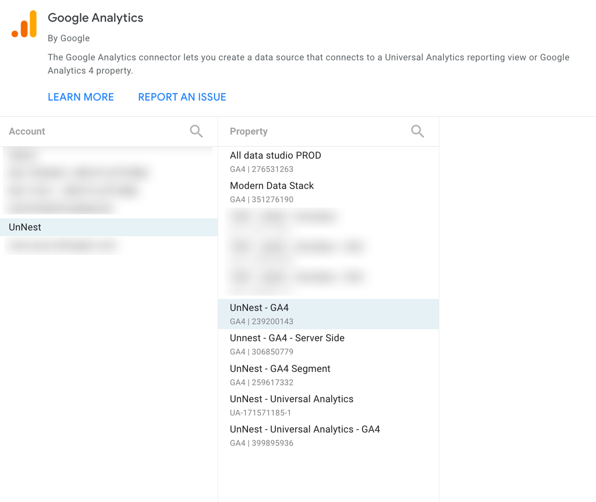 Exemple de connexion à un compte Google Analytics 4