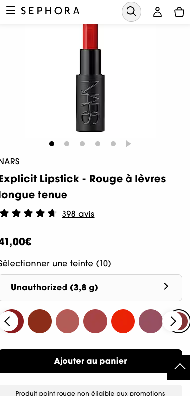 Sephora permet de naviguer dans les couleurs avec un scroll horizontal. Les études montrent que ce système fonctionne bien sur mobile, à condition d’être visuellement clair (amorce sur le côté + flèche pour indiquer qu’on peut swiper)