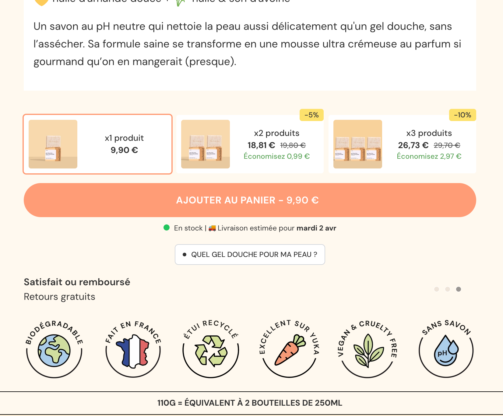 Très bon exemple de Unbottled avec l’indicatif de stock, la date de livraison estimée, les retours gratuits, les labels écologiques, etc. sur la page produit sous le bouton d’ajout panier. 