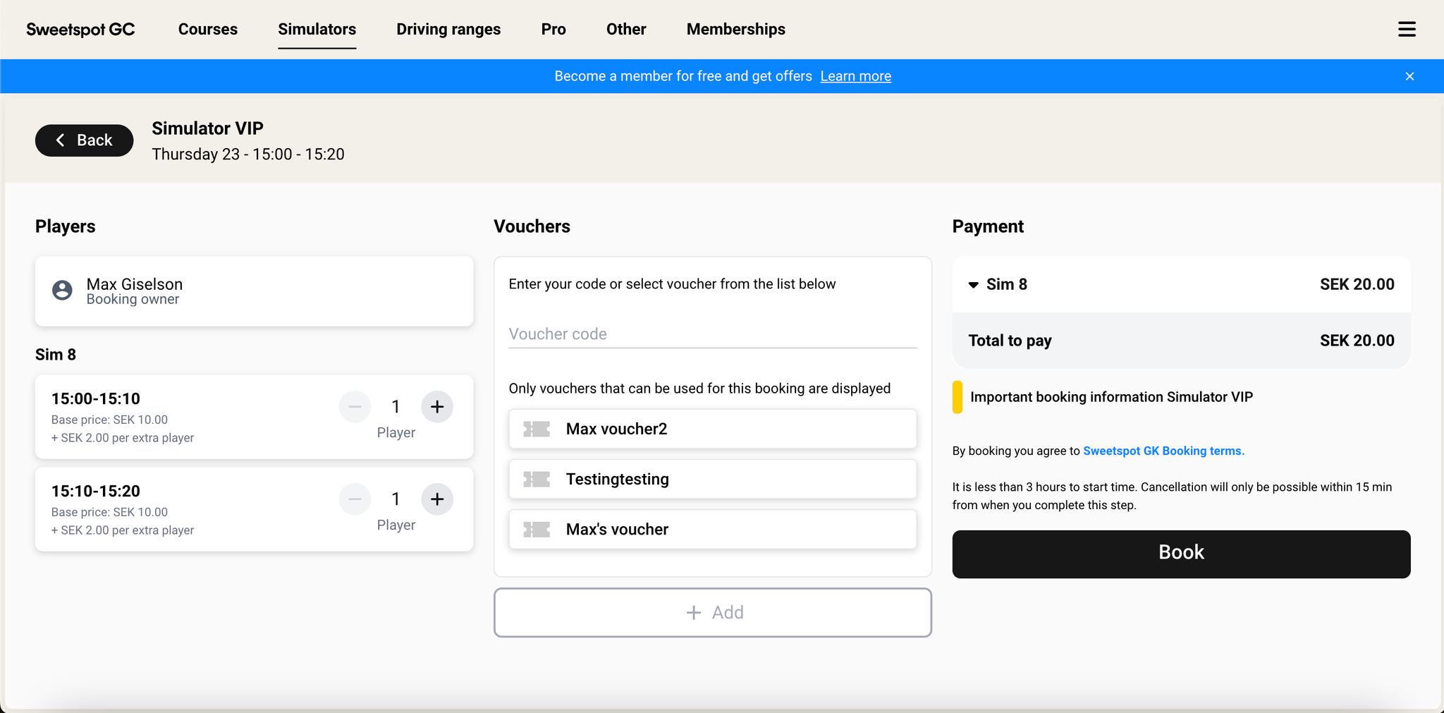 Sim, Range, Pro & Other booking page with increased size