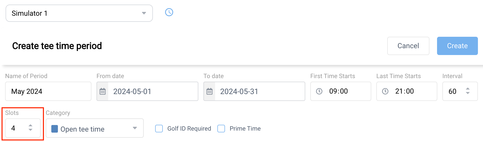 Configuring slots in tee time periods settings