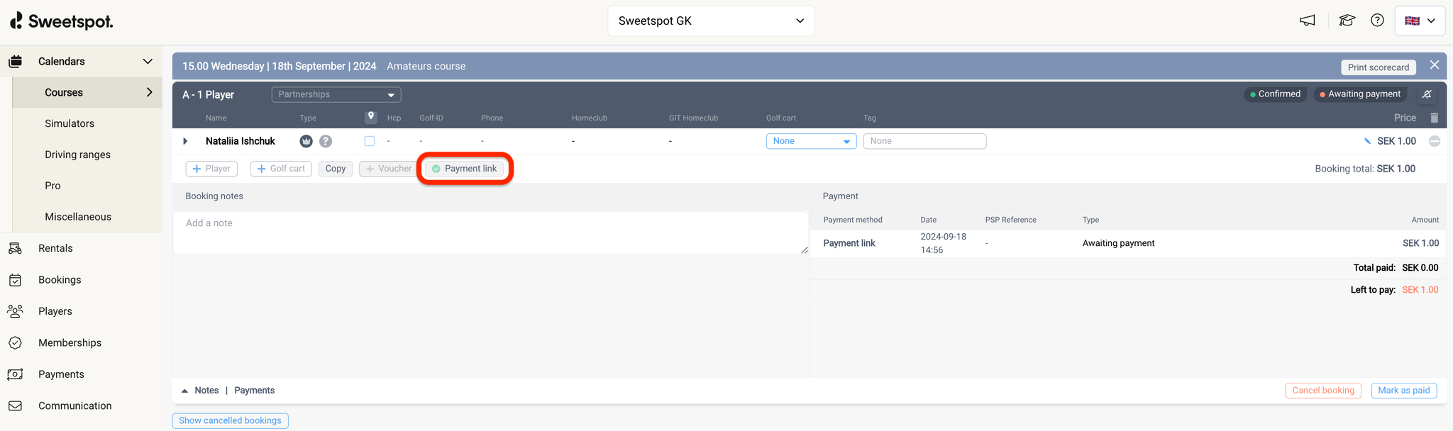 Issued payment link when seen from the booking window