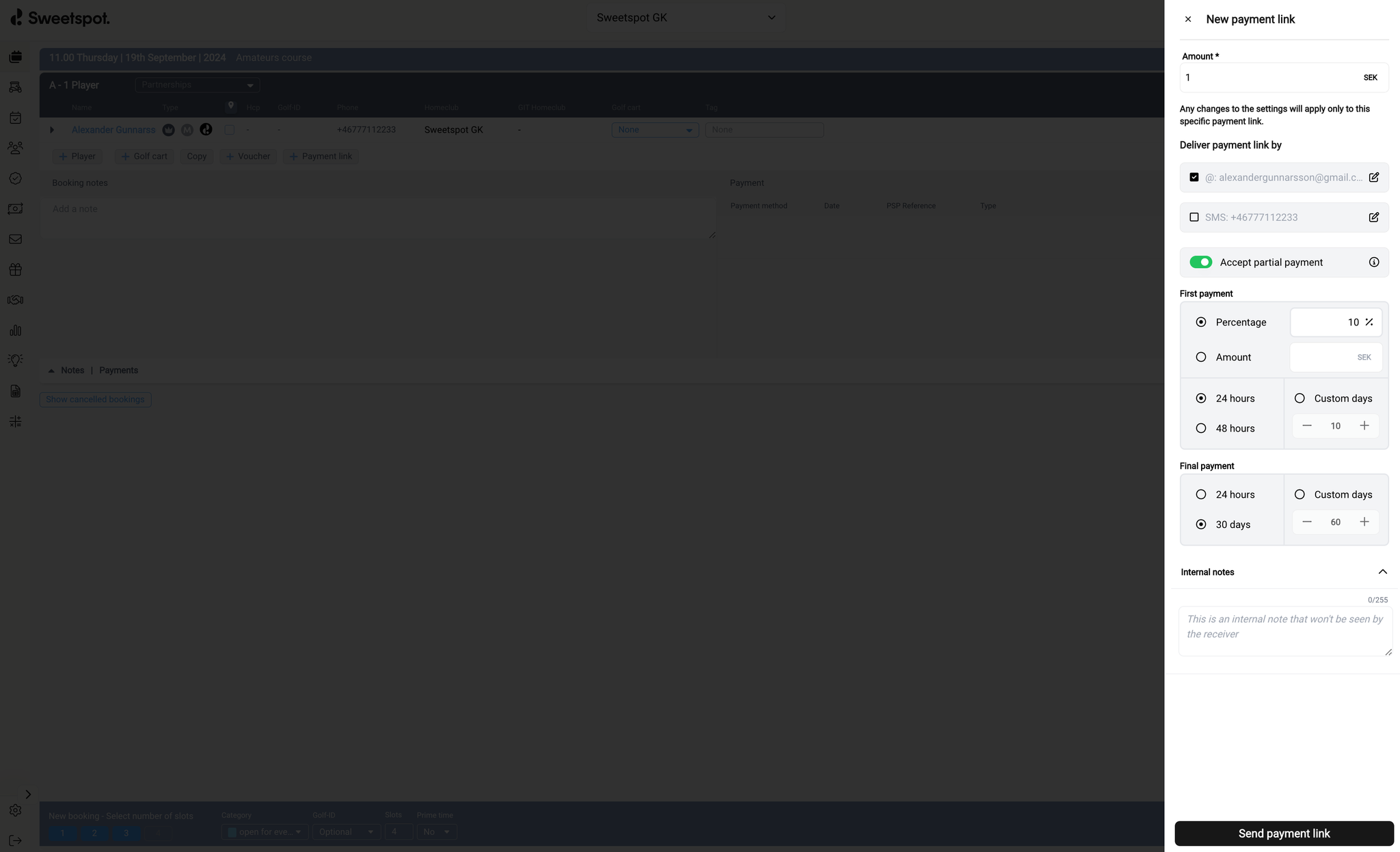 Side sheet for splitting a payment link 