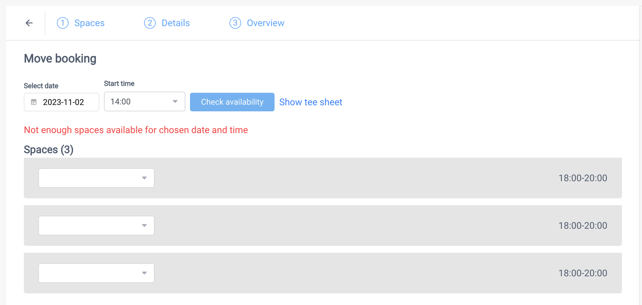 Example of the case with no available spaces for selected date and time