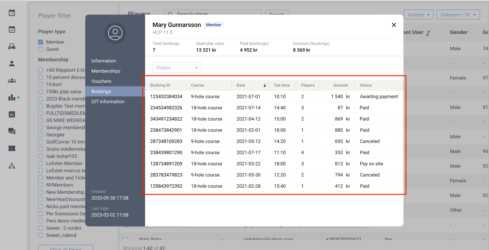 Bookings tab within the Player Card.