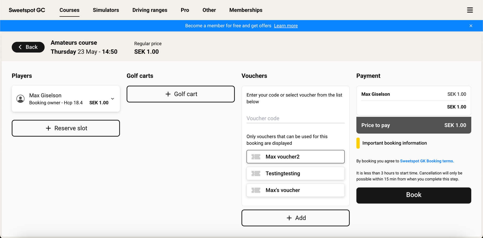 New Golf Course booking page with increased size