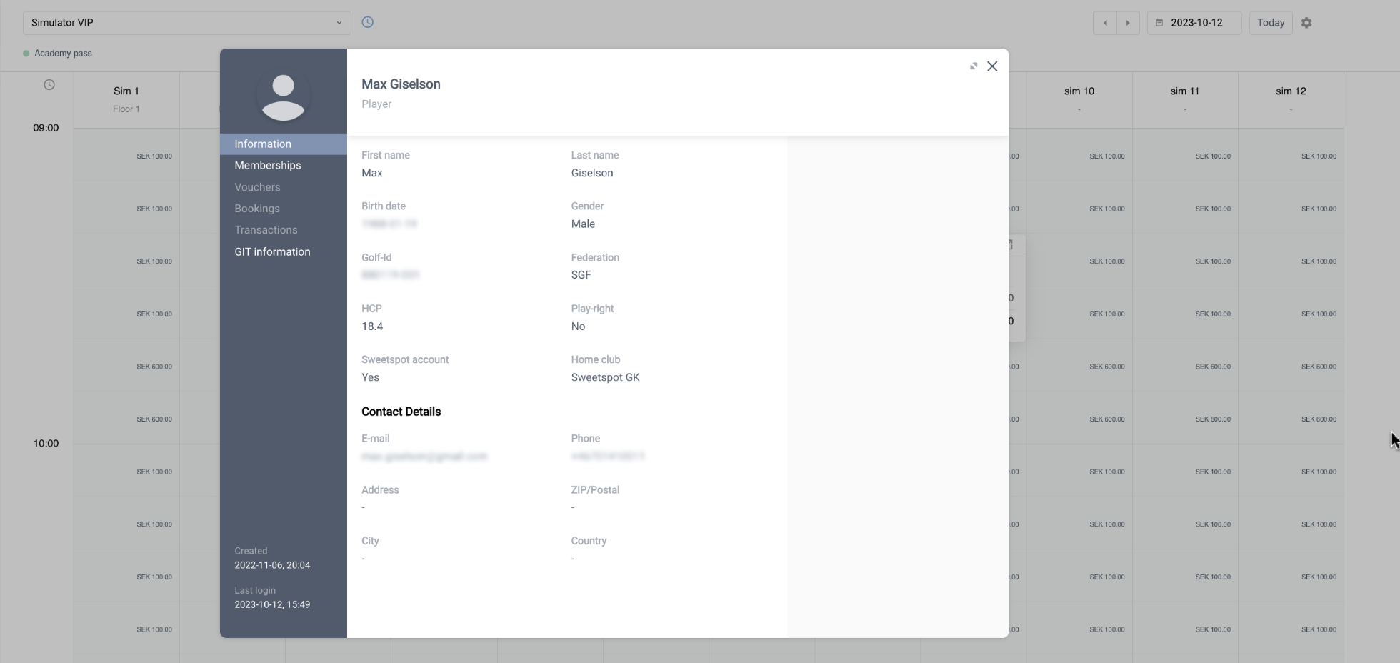 Player card displayed in the Club Portal booking flow for Sim, Range, Pro & Other