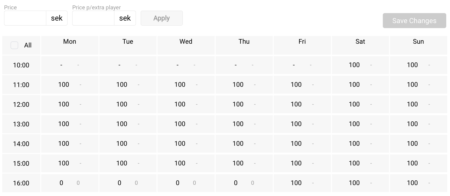 Example of configuration in tee time periods, setting different opening hours on different days by keeping - or setting 0 price.