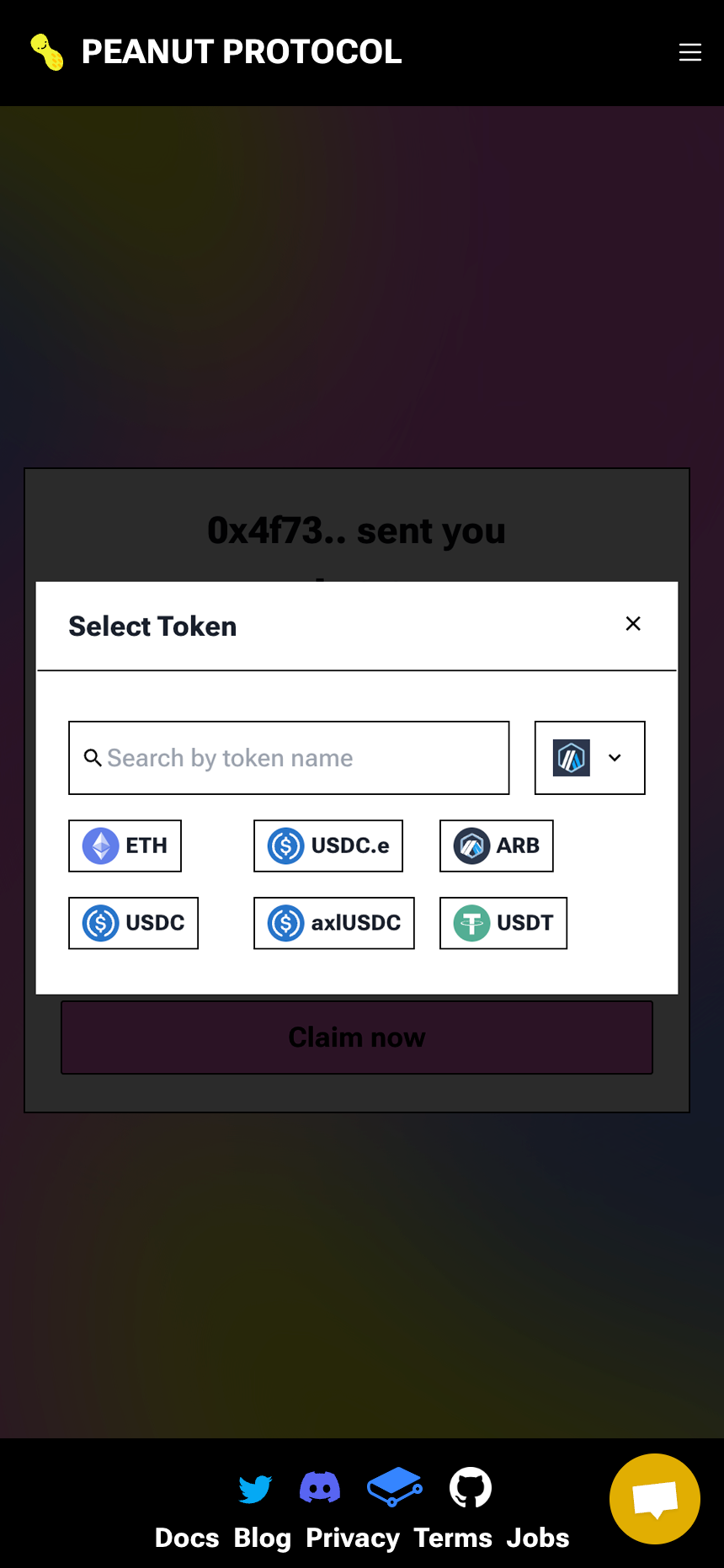 Select Token and Network Screen