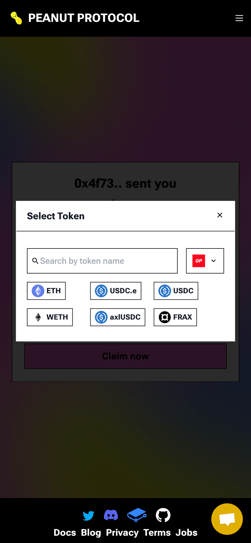 Select token screen