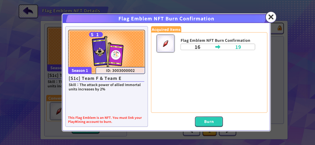 Screenshot of the "Flag NFT Burn Confirmation”