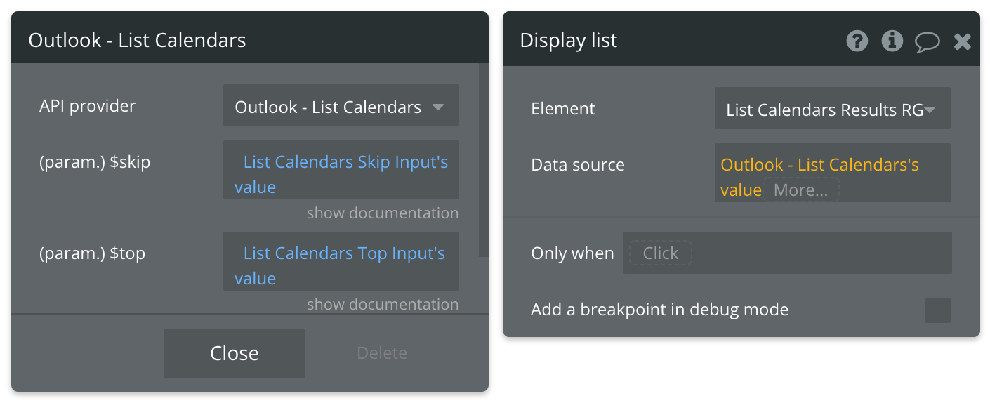 Select Outlook - List Calendars's value for the data source