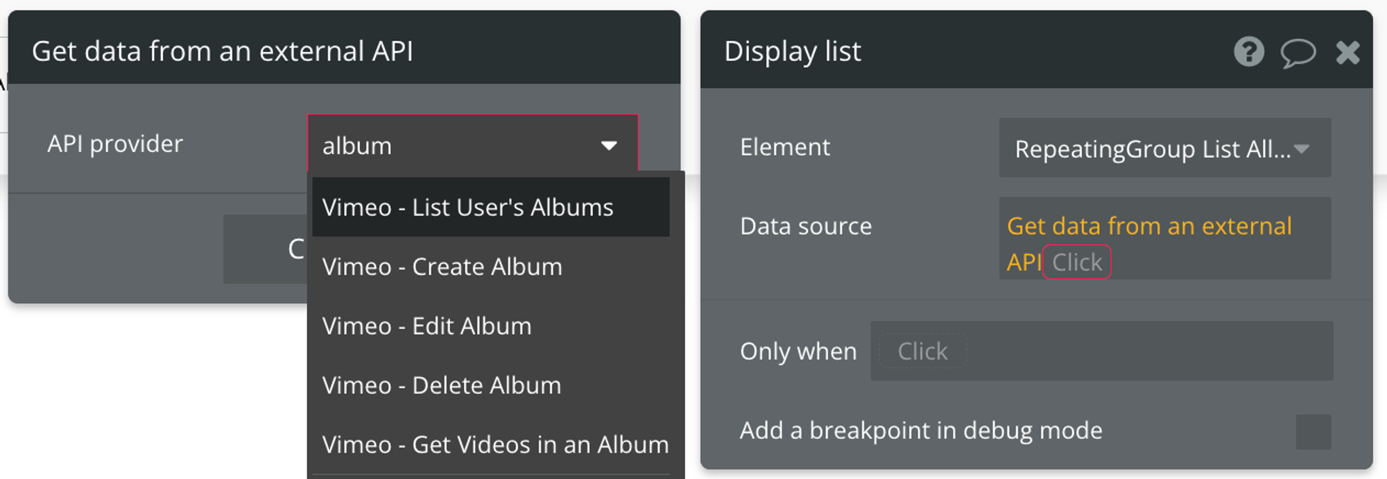 Select "Get data from external API" from the list of data sources, then find Vimeo - List User's Albums from the list of API providers