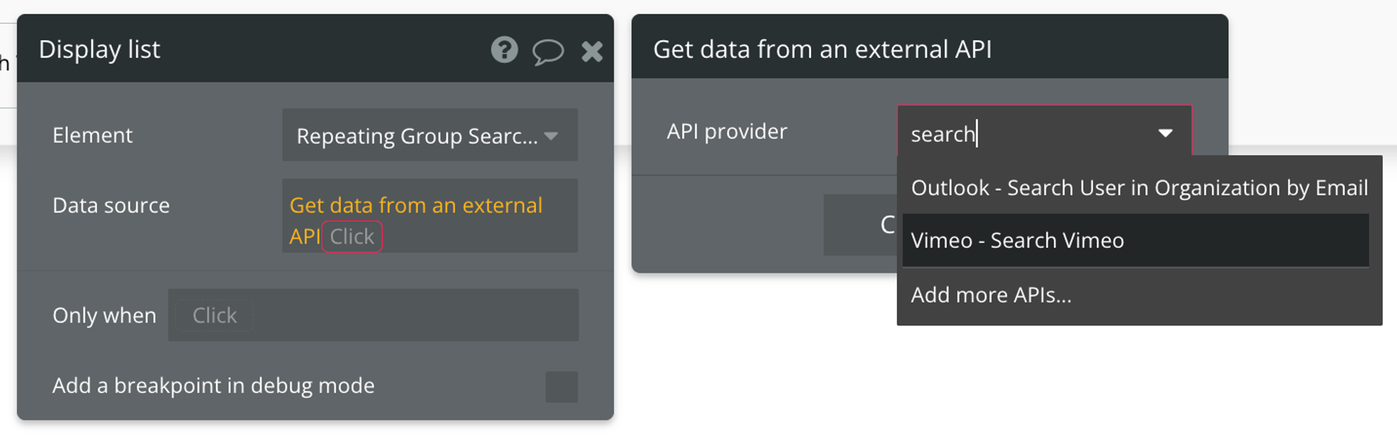 Select "Get data from external API" from the list of data sources, then find Vimeo - Search Vimeo from the list of API providers