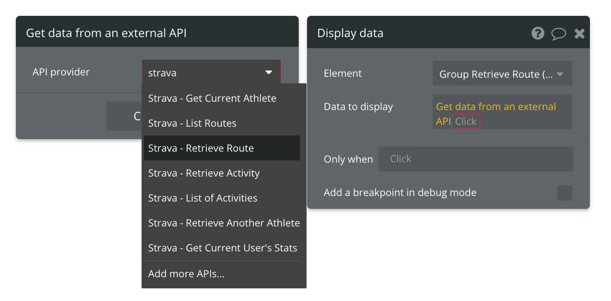 Select "Get data from external API" from the list of data sources, then find Strava - Retrieve Route from the list of API providers