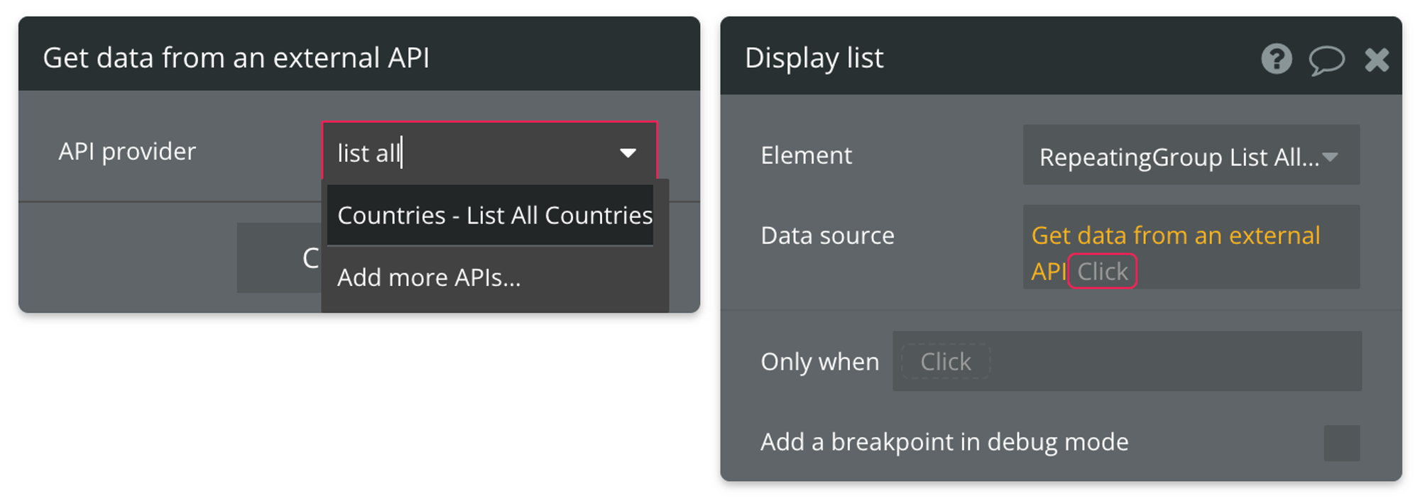 Select "Get data from external API" from the list of data sources, then find Countries - List All Countries from the list of API providers