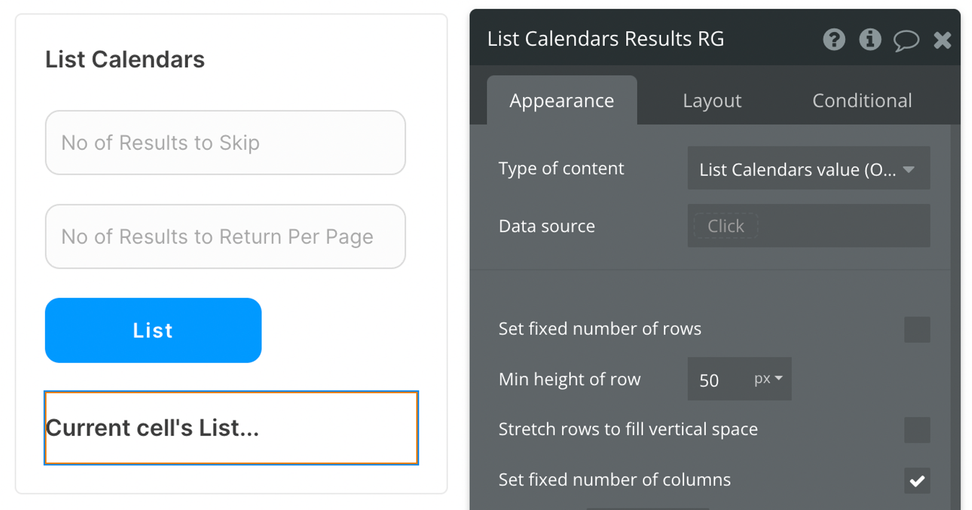 Select List Calendars value (Outlook) from the list of content types