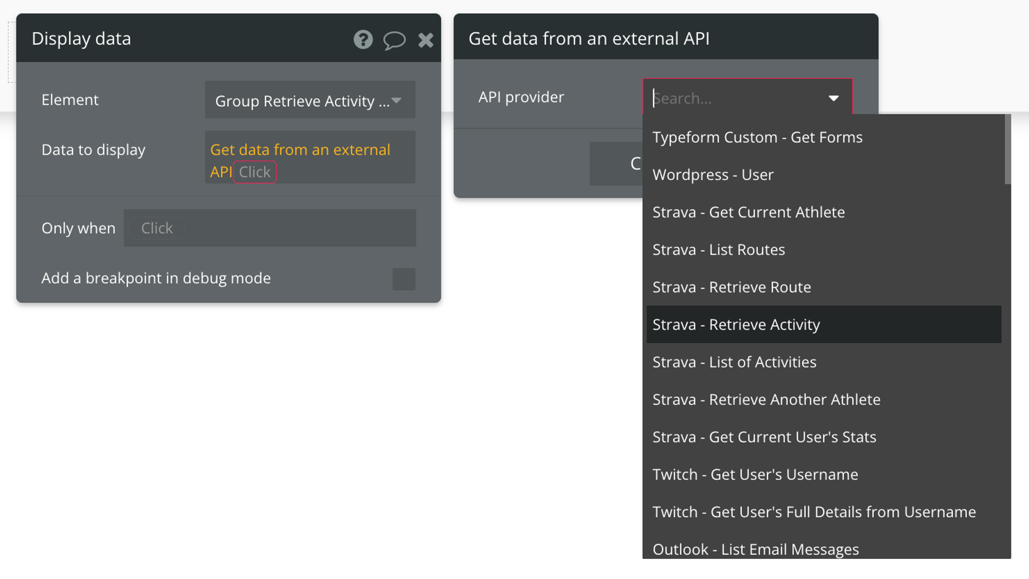 Select "Get data from external API" from the list of data sources, then find Strava - Retrieve Activity from the list of API providers