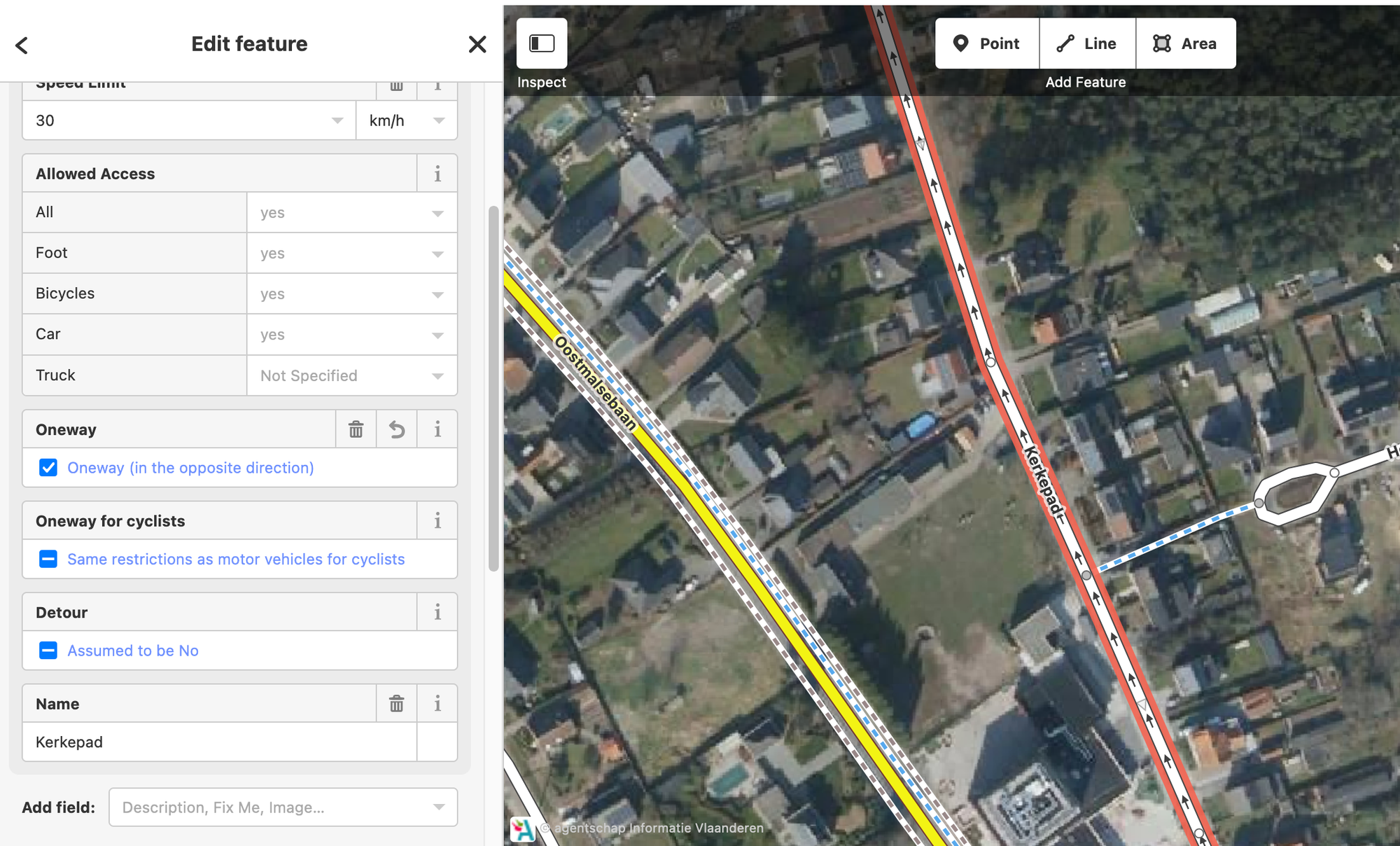 You can select a road in the editor by clicking on it. Details are shown on the left.