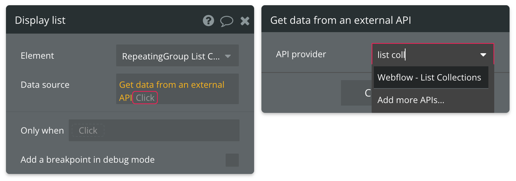 Select "Get data from external API" from the list of data sources, then find Webflow - List Collections from the list of API providers