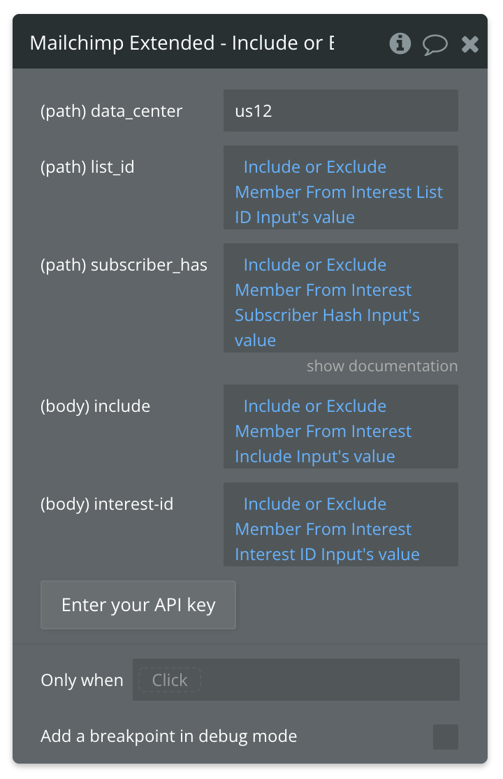 Notice the last body parameter takes the value from the input we mentioned above. If the value is true, this Member will be included in the provided Interest. If the value is false, the Member will be excluded from the Interest.