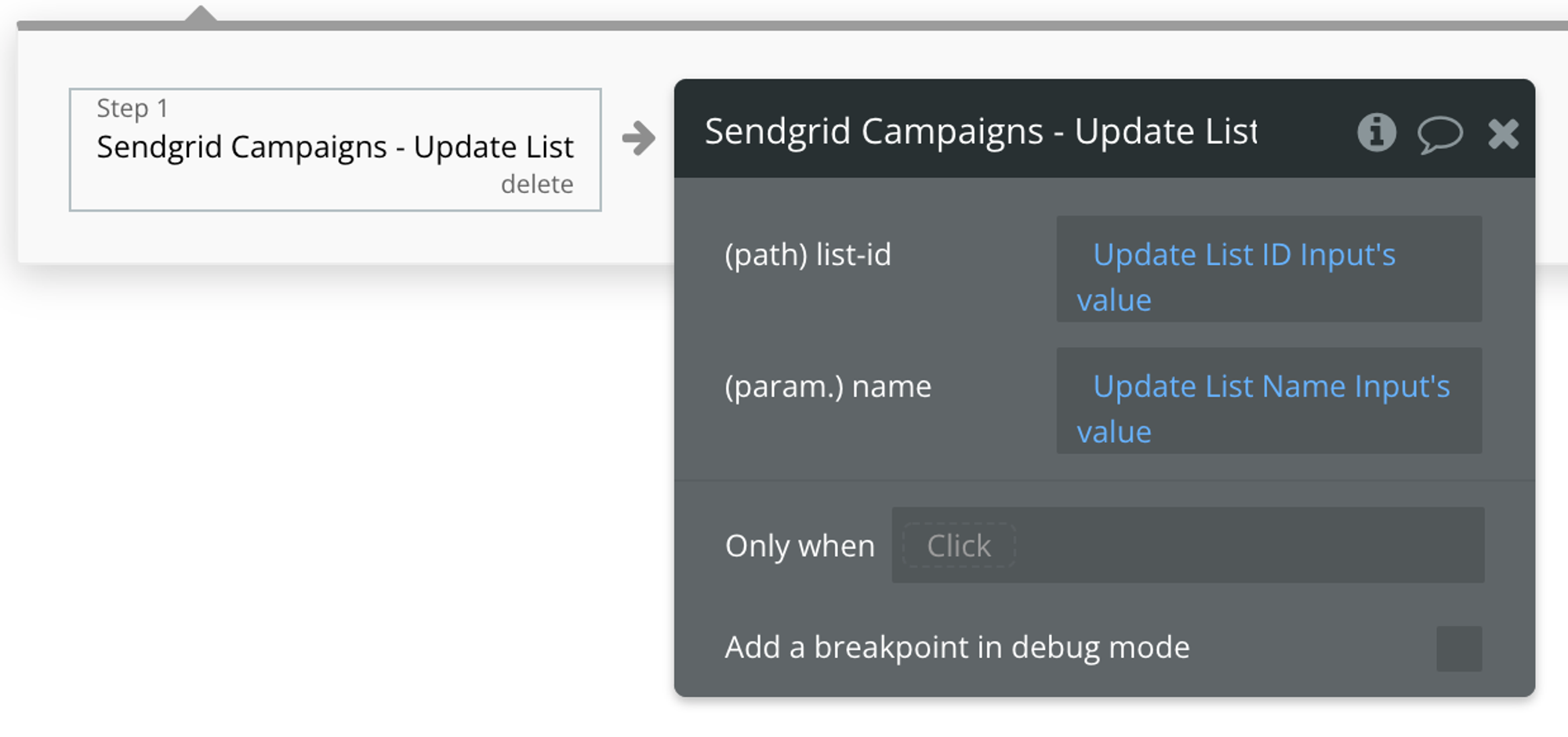 Select Sendgrid Campaigns - Update List from the list of Plugin actions