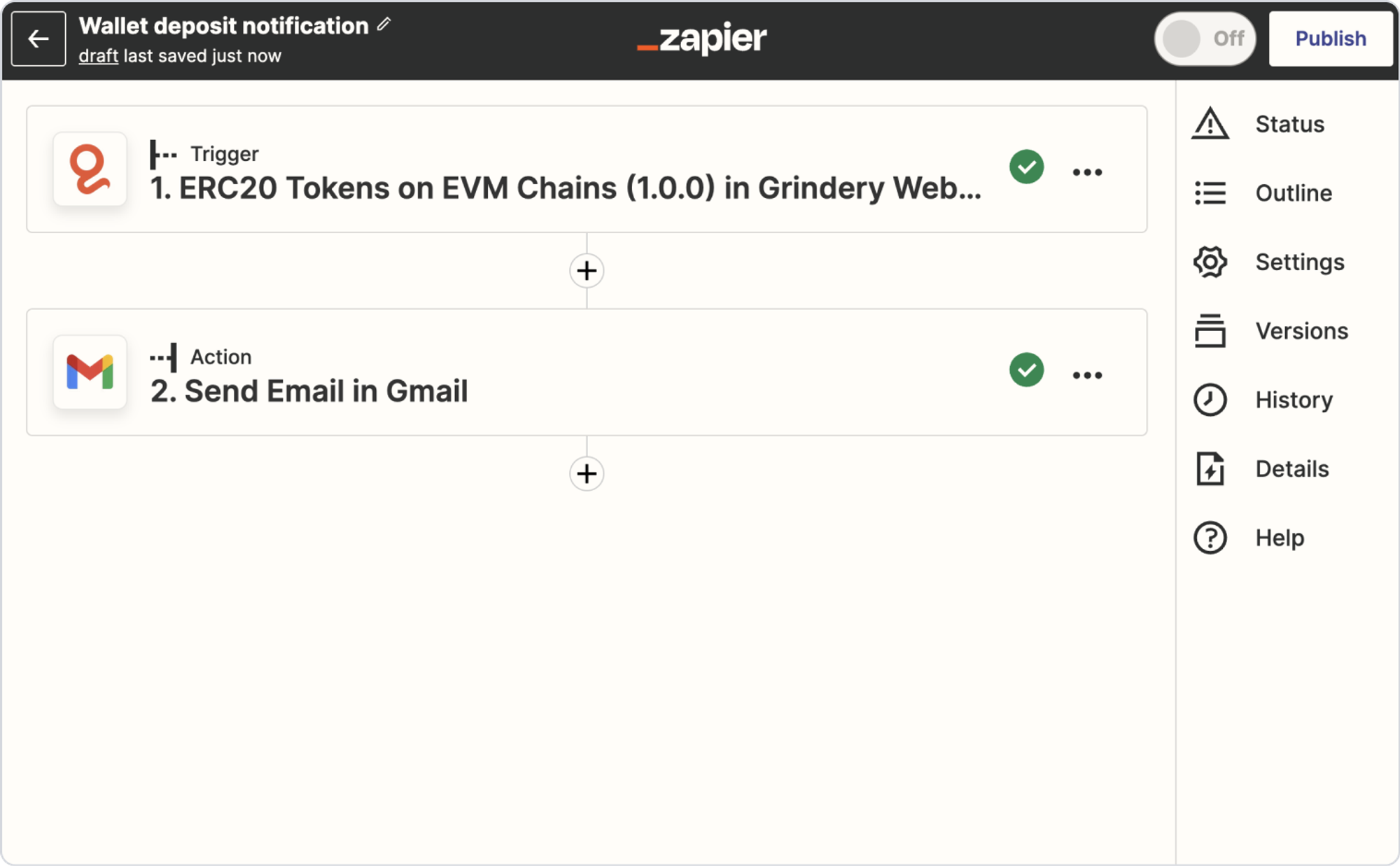 Figure 1. Sample workflow in Zapier for wallet deposit notification