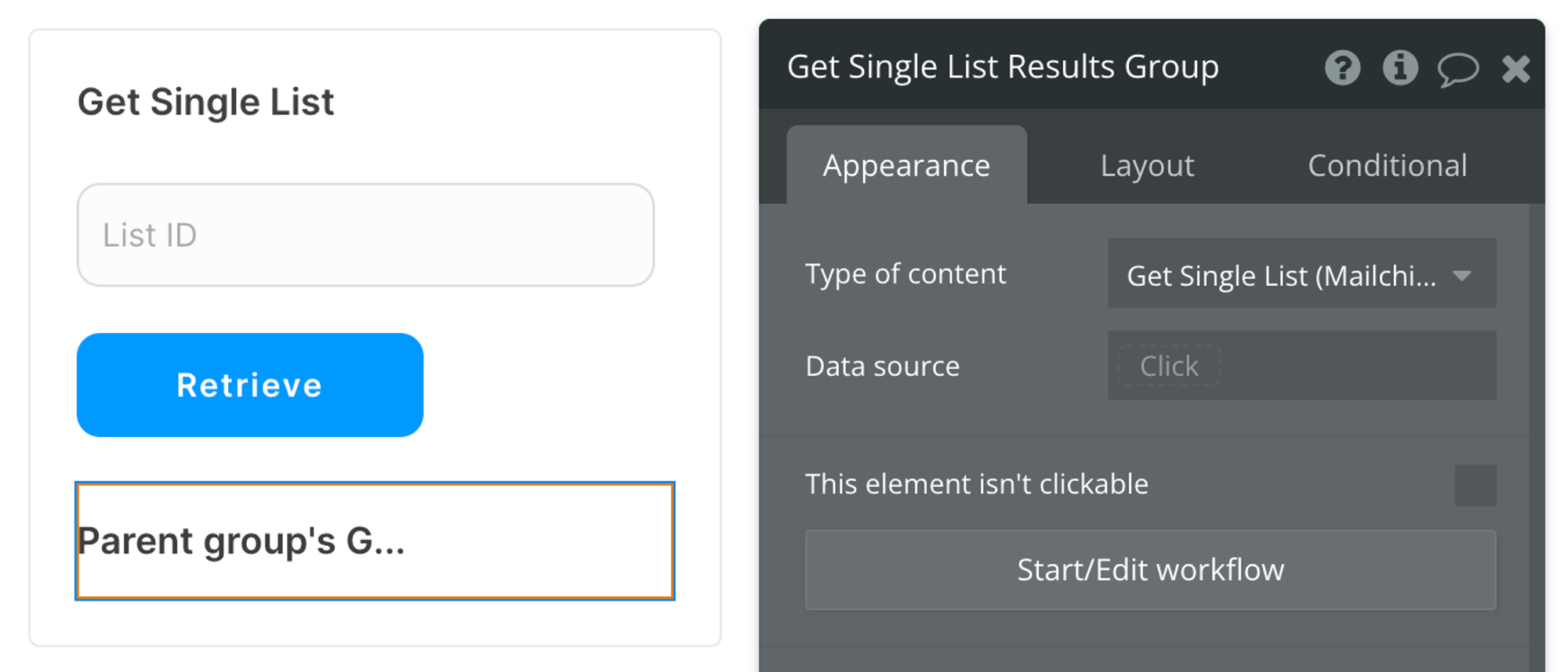 Select Get Single List (Mailchimp Extended) from the list of content types