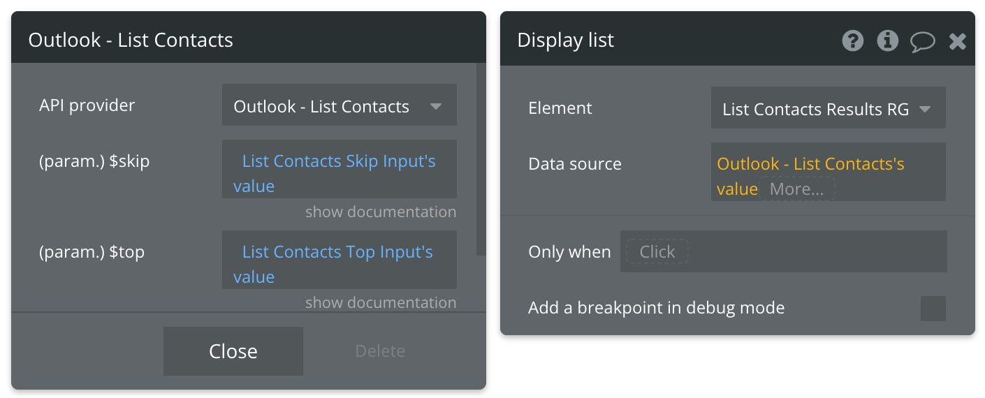 Select Outlook - List Contacts's value for the data source