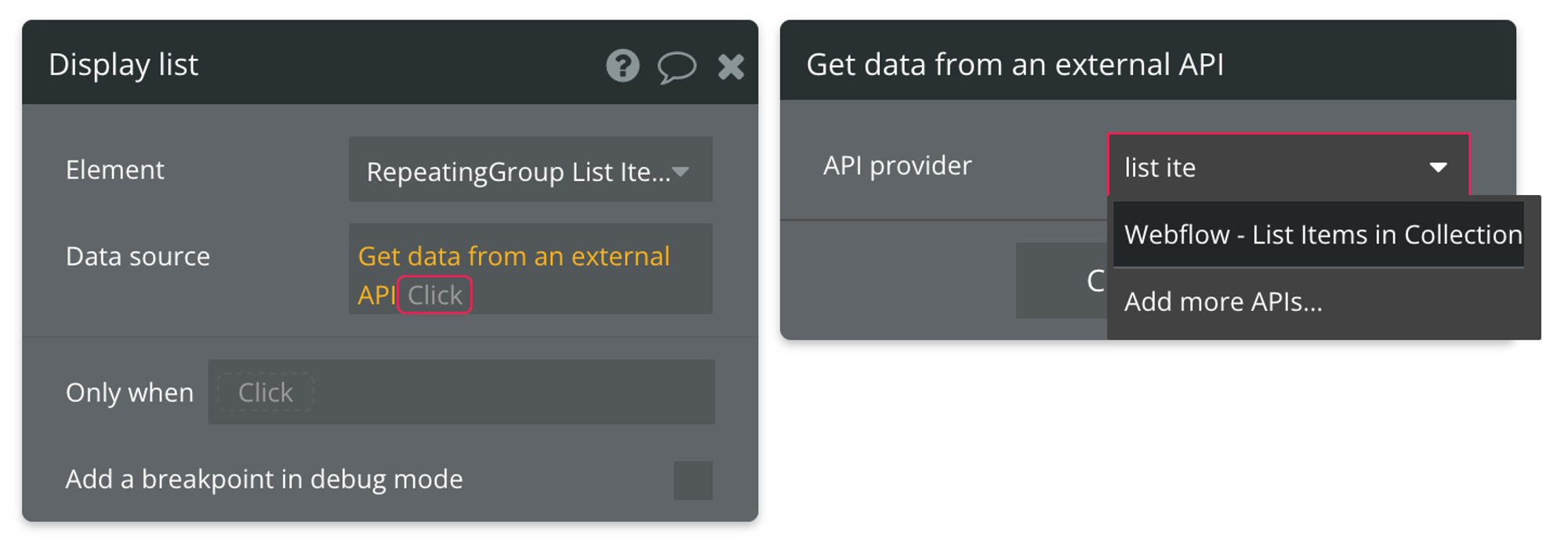 Select "Get data from external API" from the list of data sources, then find Webflow - List Items in Collection from the list of API providers