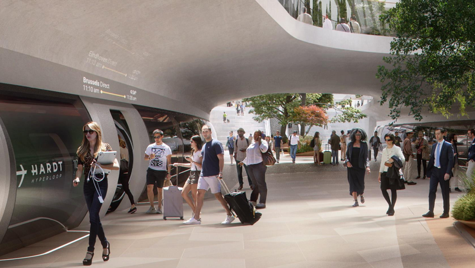Render of operations within a hyperloop station.
