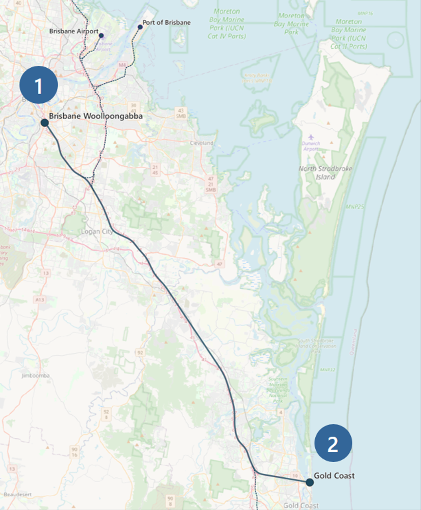Map of the alignment of the Brisbane - Gold Coast corridor.