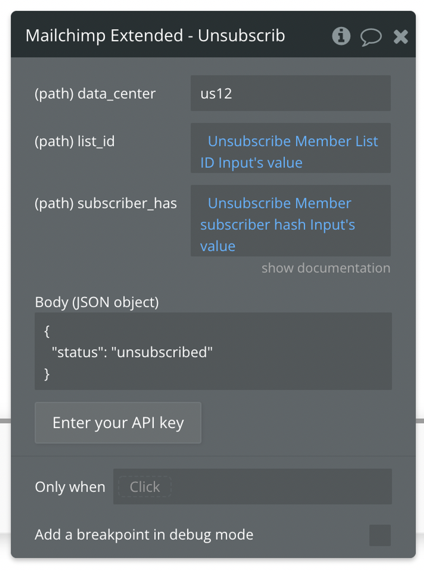 Example of a completed API call to Unsubsribe a Member from a List.