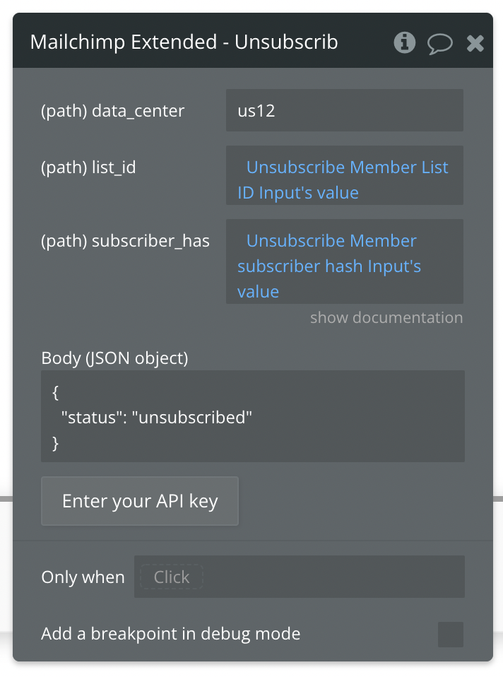 Example of a completed API call to Unsubsribe a Member from a List.