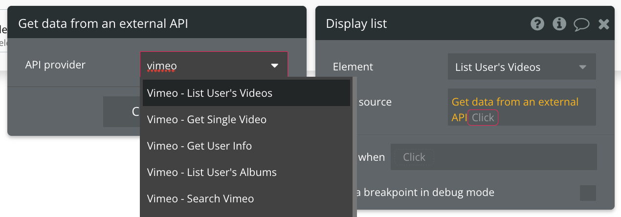 Select "Get data from external API" from the list of data sources, then find Vimeo - List User's Videos from the list of API providers