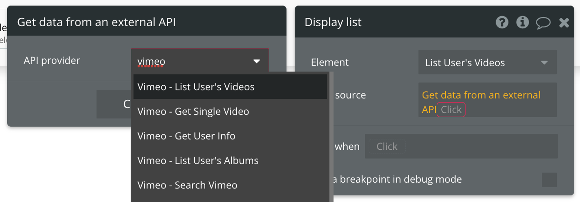 Select "Get data from external API" from the list of data sources, then find Vimeo - List User's Videos from the list of API providers