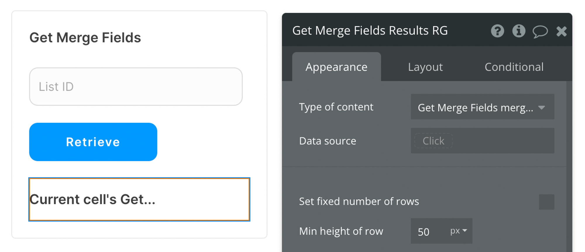 Select Get Merge Fields merge_field (Mailchimp Extended) from the list of content types