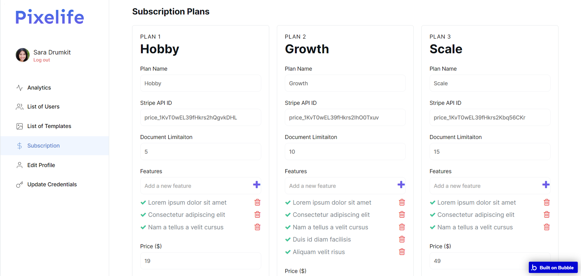 Admin panel > Subscription (to manage plans)