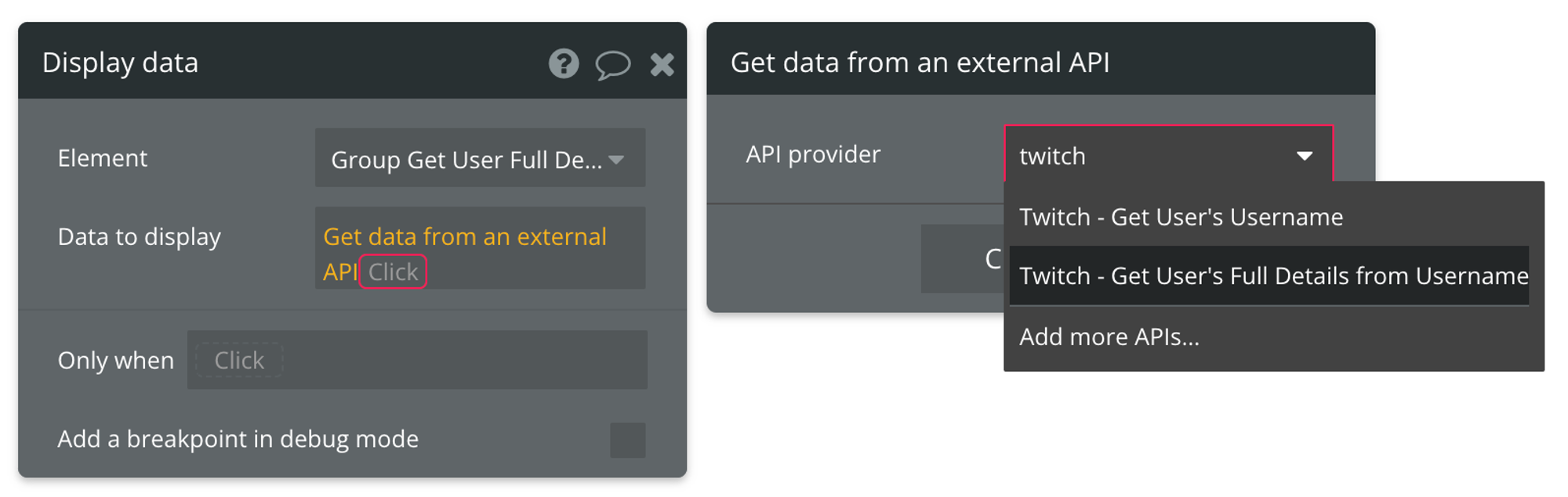 Select "Get data from external API" from the list of data sources, then find Twitch - Get User's Full Details from Username from the list of API providers