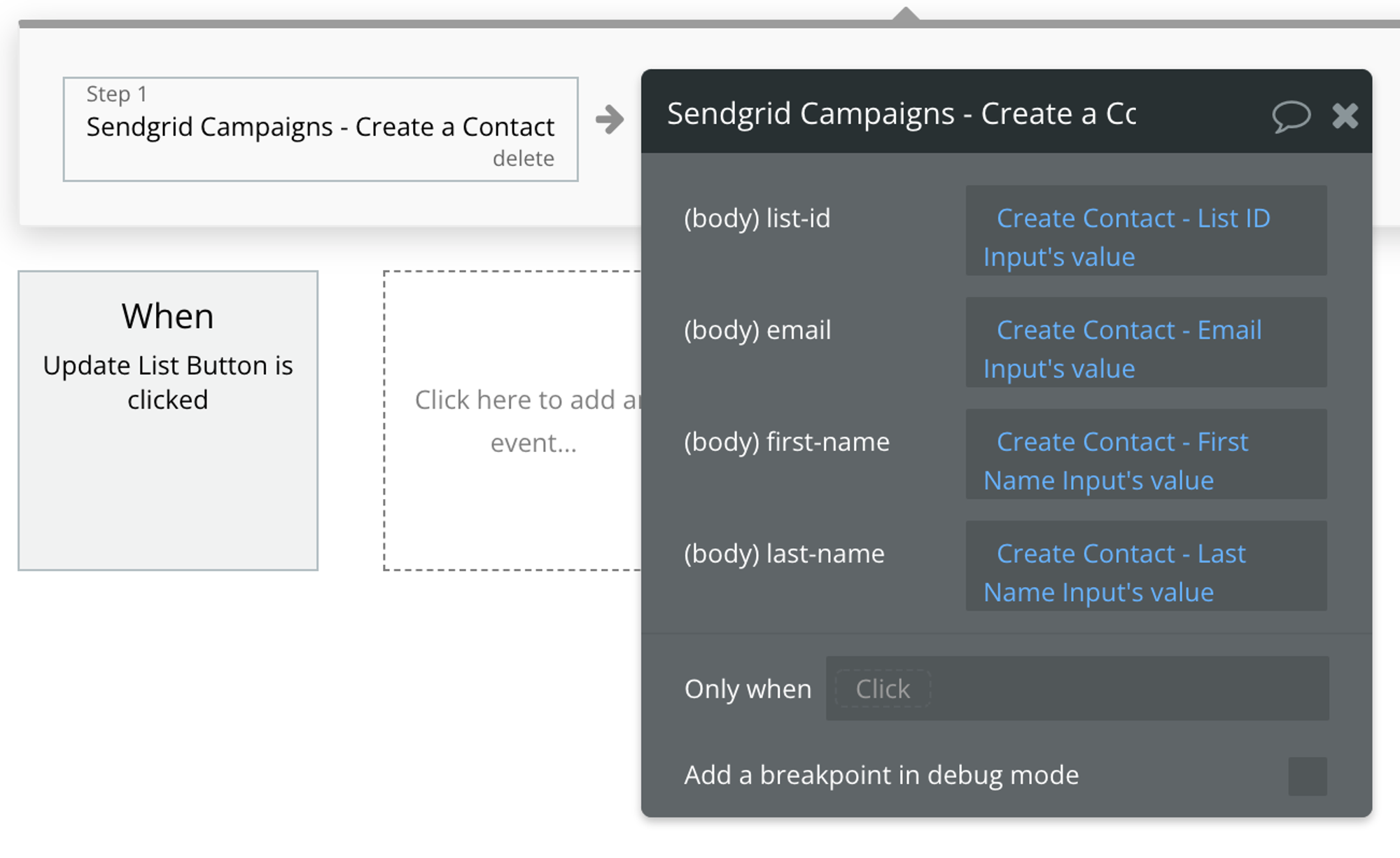 Select Sendgrid Campaigns - Create Contact from the list of Plugin actions