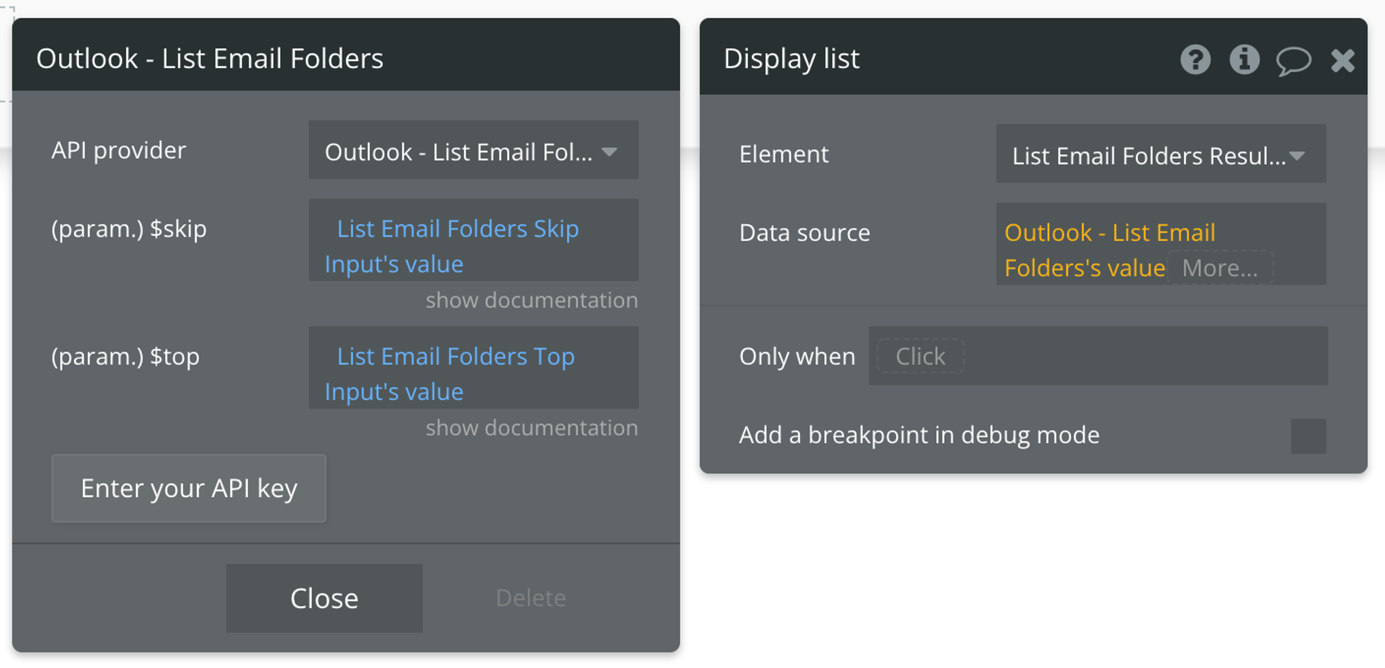 Select Outlook - List Email Folders's value for the data source