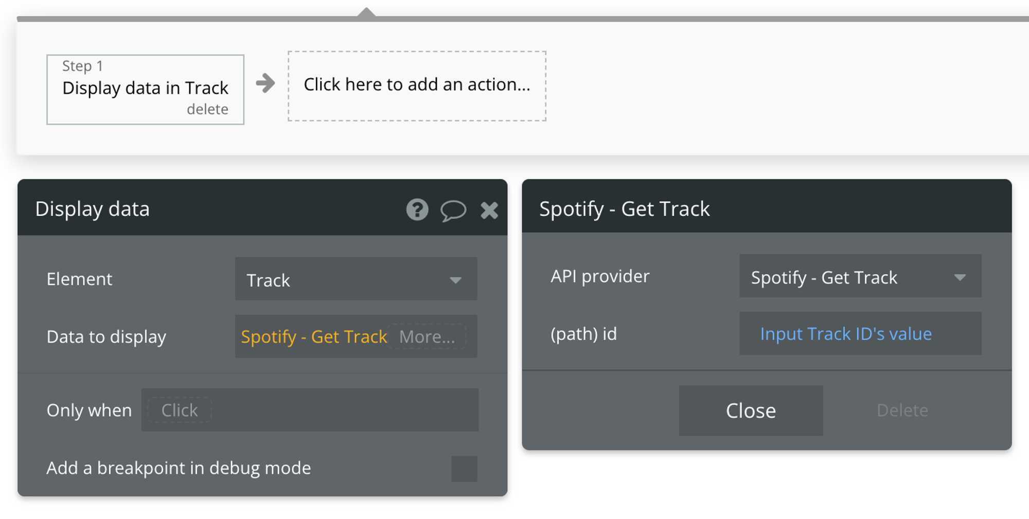 Select "Get data from external API" from the list of data sources, then find Spotify - Get Track from the list of API providers