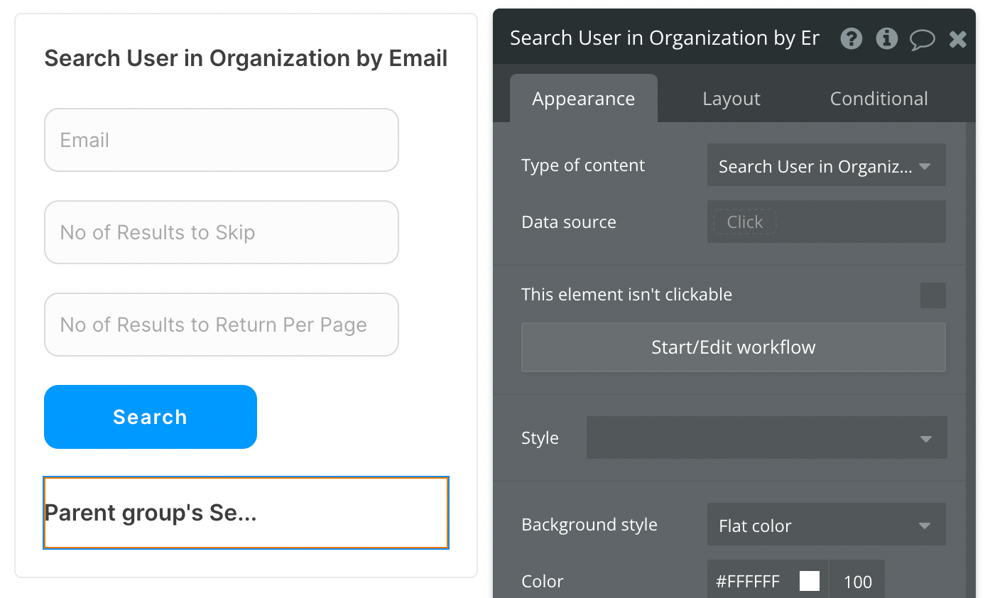 Select Search User in Organization by Email (Outlook) from the list of content types