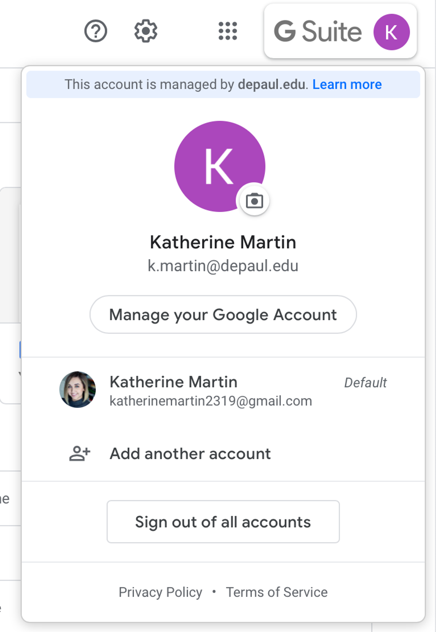 Use the menu in the upper right corner of your Google Drive to toggle between accounts.